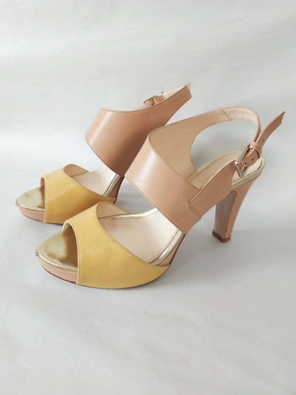 MaxMara T-strap Peep-toe Platform Heel Two Tone Buckle Slingback Sandals 38 EU